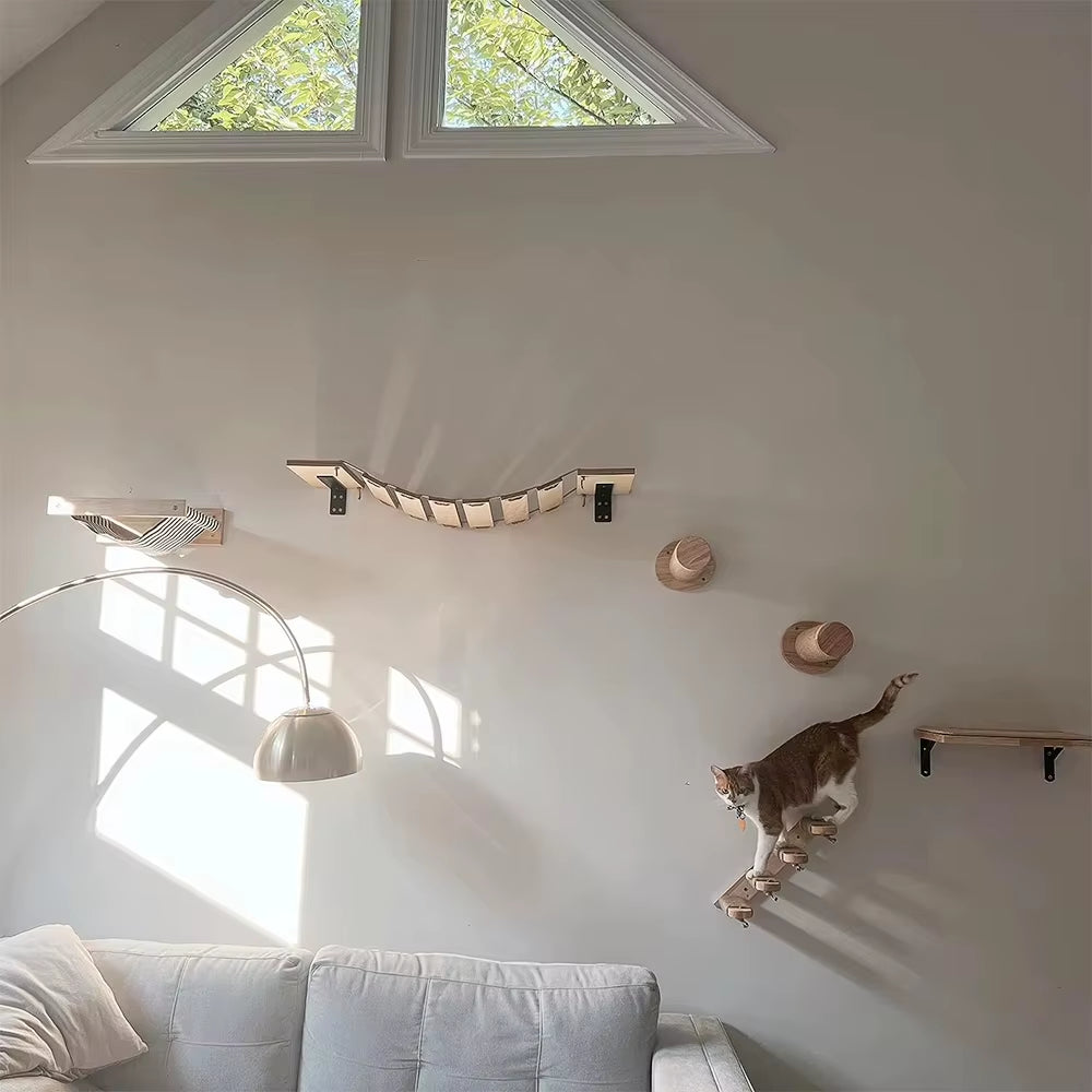 Wall-Mounted Cat Climbing Shelf with Four-Step Stairway and Sisal Scratching Post for Enhanced Pet Play and Comfort