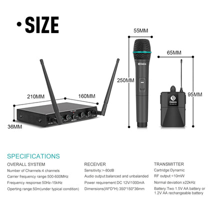 Pro UHF 4 Channels Wireless Microphone System with 4 Bodypack Lavalier Headset Portable Mic for Karaoke Church Party