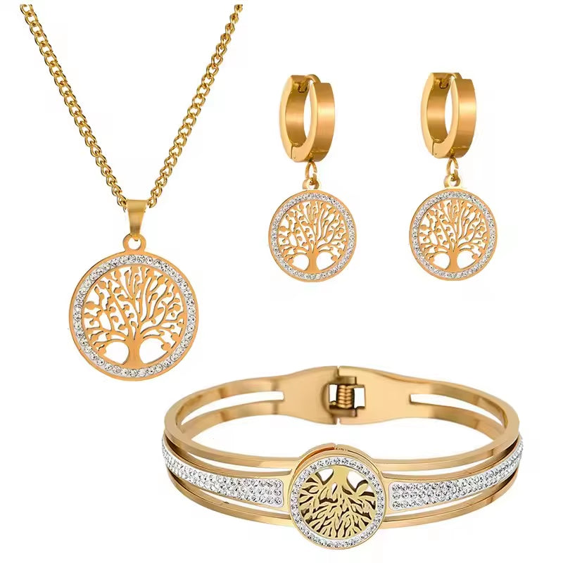 4Pcs/Set Stainless Steel Hollow Tree of Life Peace Pendant Necklace Bracelet Earrings Ladies Wedding Jewelry Set