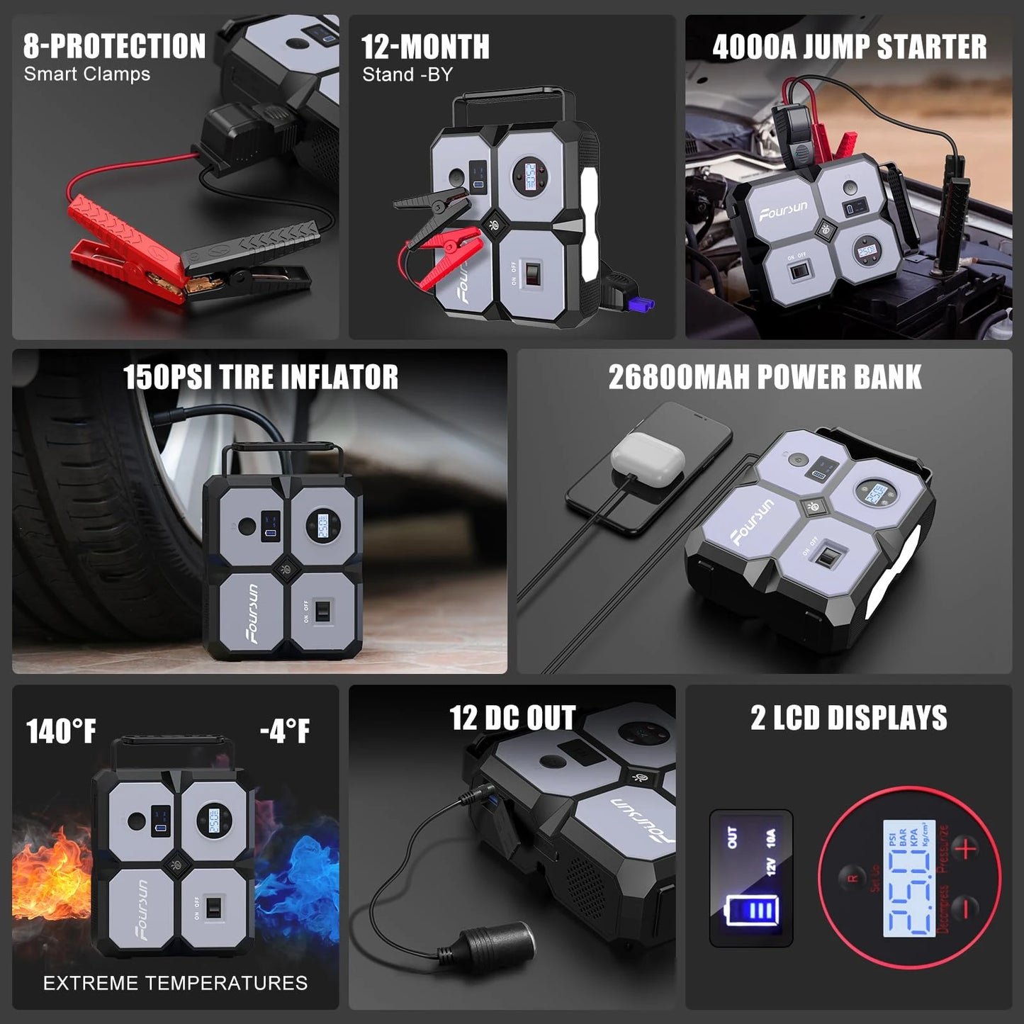 Foursun Car Jump Starter with Air Compressor, Foursun 4000A 26800Mah Jump Starter Battery Pack (All Gas/8.0L Diesel) 150PSI Digital Tire Inflator, 12V Car Lithium Battery Jump Box Pack Power Charger