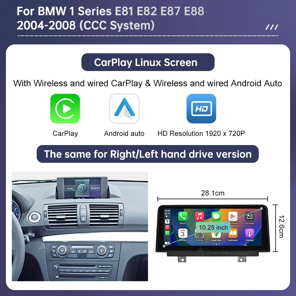 Wireless CarPlay and Android Auto Multimedia Display for BMW 1 Series E81 E82 E87 E88 with CCC and CIC Systems