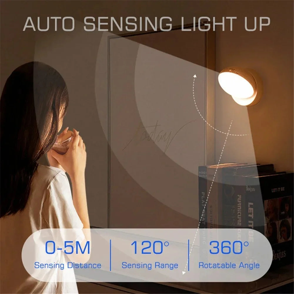 USB Rechargeable Motion Sensor LED Night Light - Energy-Efficient Round Lamp for Bedroom, Corridor, and Bathroom Wall Illumination
