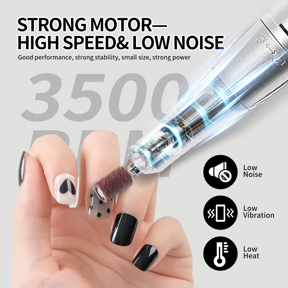 35000RPM Nail Drill Machine for Nails Rechargeable Manicure Low Noise Professional Electric Nail Drill Motor Polishe Sander Tool