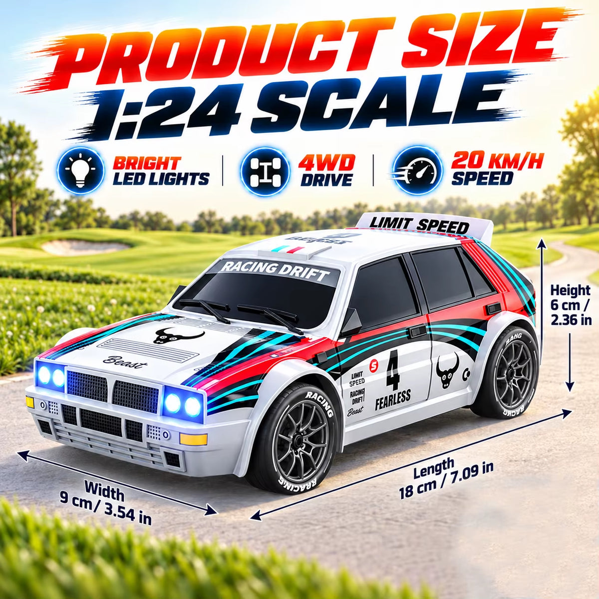 ZNLYRION 1:24 Scale RC Drifting Race Car - 4WD, Adjustable Speed (20Km/H), Includes Spare Drift Tires, LED Headlights and Taillights, Ideal for Boys and Adults