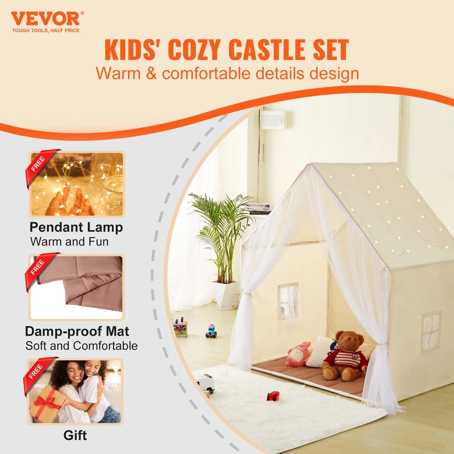  Kids Play Tent, Kids Tent for Kids 1-5 Years Old, Toddler Tent with Mat and Tent Lamp, Beige