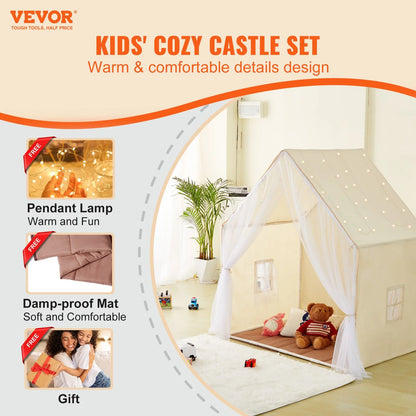  Kids Play Tent, Kids Tent for Kids 1-5 Years Old, Toddler Tent with Mat and Tent Lamp, Beige