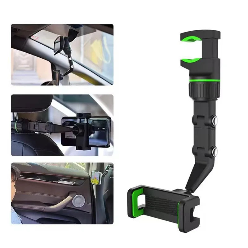 360° Rotatable and Retractable Multifunctional Car Phone Mount for Rearview Mirror