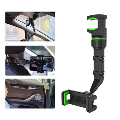 360° Rotatable and Retractable Multifunctional Car Phone Mount for Rearview Mirror