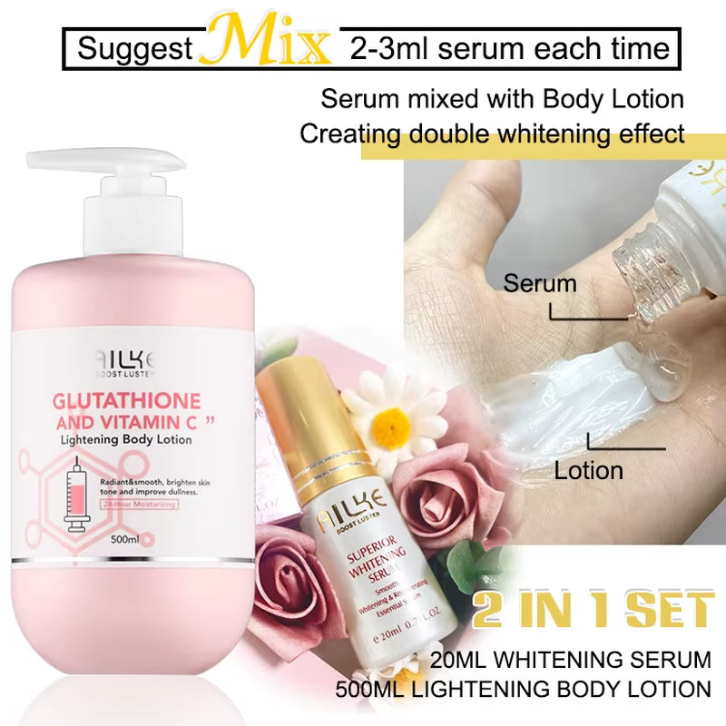 AILKE Glutathione and Vitamin C Skincare Set: Whitening Lotion, Moisturizing Cream, Lightening Soap, Spa Oil, and Glowing Body Cream