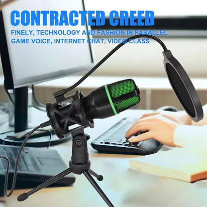 Premium USB Condenser Microphone Kit with Tripod Stand and RGB Lighting for Gaming, Streaming, and Content Creation on PC, Laptop, and Mac - Features Mute Button and Built-in Voice Changer