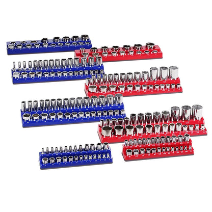 Succebuy Magnetic Socket Organizer Set - 6 or 8 Pieces, Blue and Red, for 3/8'' and 1/2'' Metric and SAE Sockets with Clear Labels for Tool Box