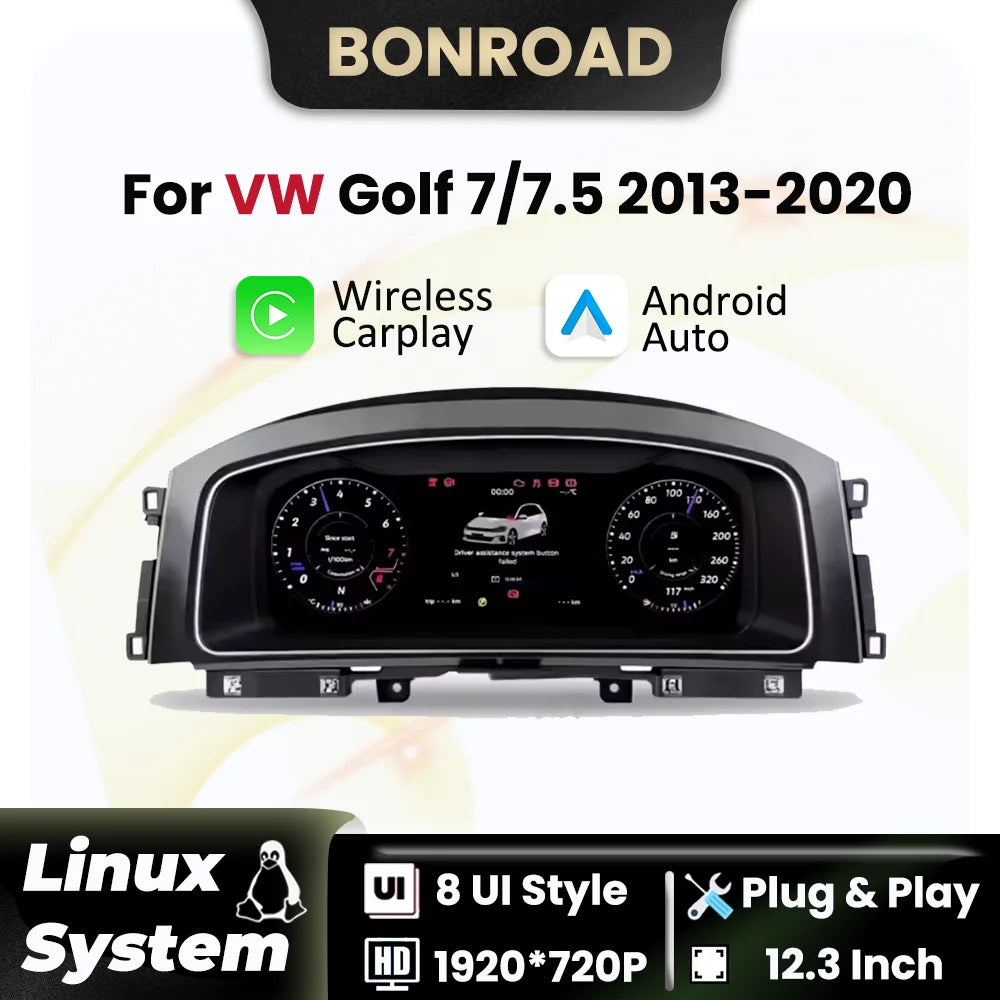 12.3-Inch Digital Dashboard Cluster with Wireless CarPlay and Android Auto for VW Golf 7 MK7 (2013-2020) - Virtual Cockpit Instrument Panel