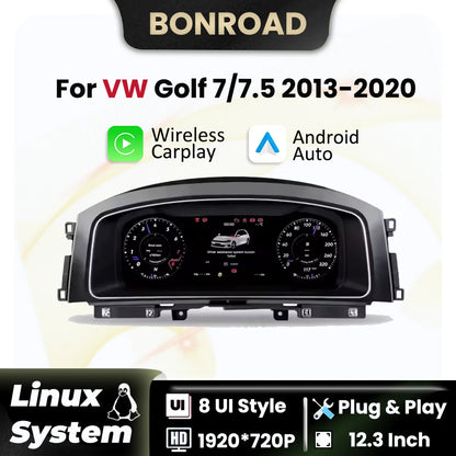 12.3-Inch Digital Dashboard Cluster with Wireless CarPlay and Android Auto for VW Golf 7 MK7 (2013-2020) - Virtual Cockpit Instrument Panel