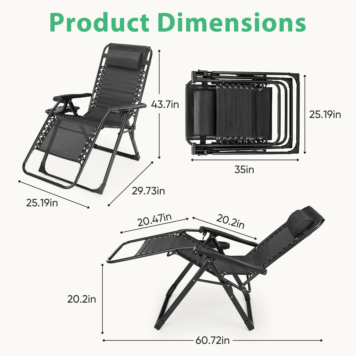JHK Portable Zero Gravity Recliner Lounge Chair with Cup Holder Trays and Removable Cushion for Outdoor Use