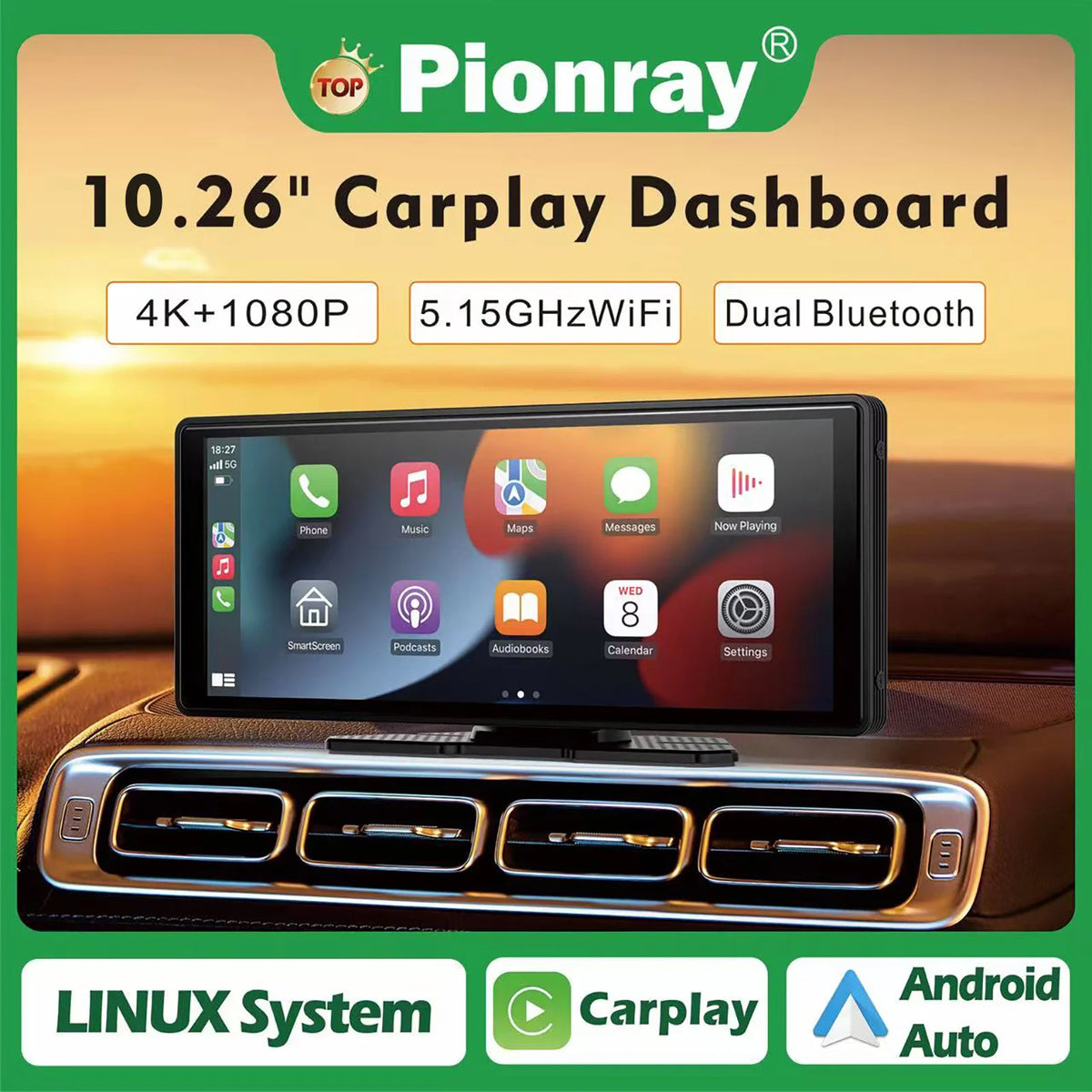 Pionray 10.26-Inch Portable 4K Dual Lens Car DVR with Wireless CarPlay, Android Auto, GPS Navigation, and WiFi FM Functionality