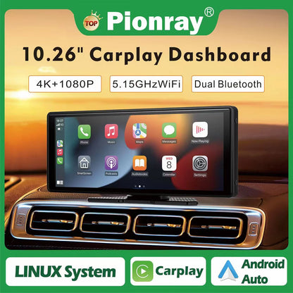 Pionray 10.26-Inch Portable 4K Dual Lens Car DVR with Wireless CarPlay, Android Auto, GPS Navigation, and WiFi FM Functionality