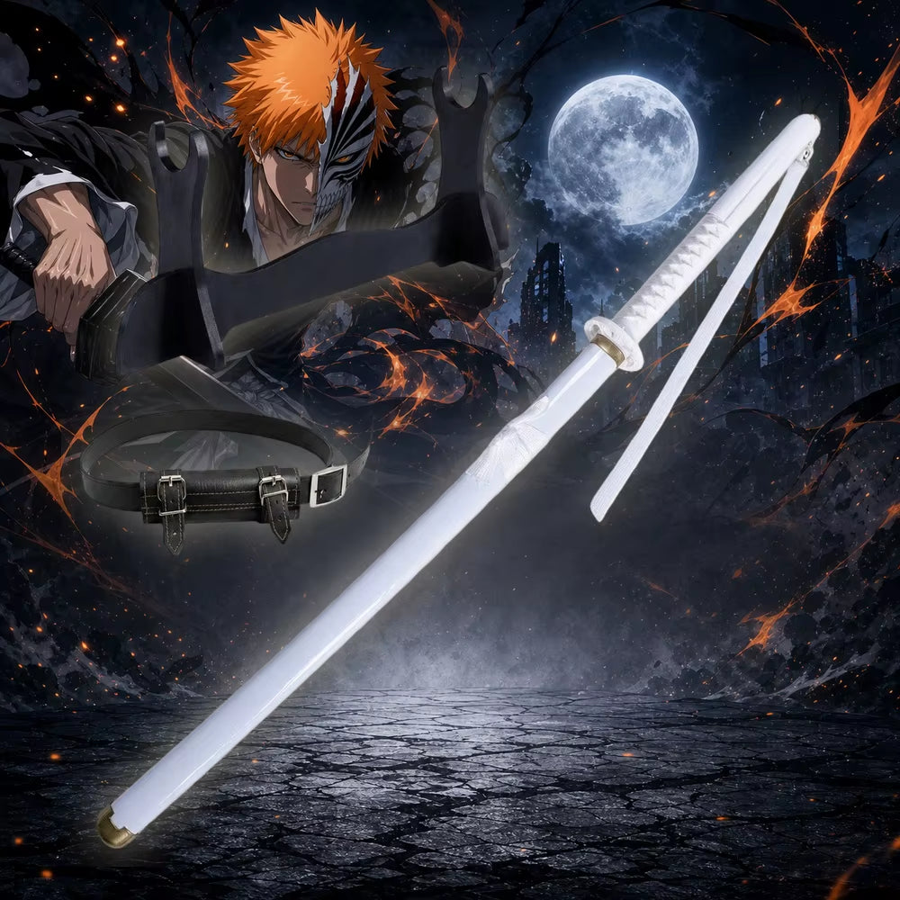 40-Inch Ichigo Kurosaki Tensa Zangetsu Katana Sword - Black Blade Anime Cosplay Prop with Wooden Bamboo Stand and Belt Holster - Full Size Japanese Wooden Sword for Display and Collection