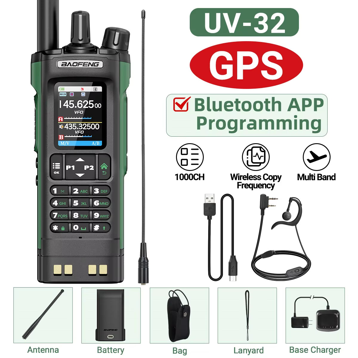Baofeng UV-32 GPS Walkie Talkie 10W Long Range Multi Band Bluetooth APP Programming Wireless Copy Frequency Type-C Two Way Radio