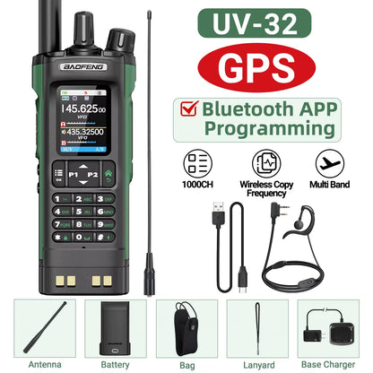 Baofeng UV-32 GPS Walkie Talkie 10W Long Range Multi Band Bluetooth APP Programming Wireless Copy Frequency Type-C Two Way Radio