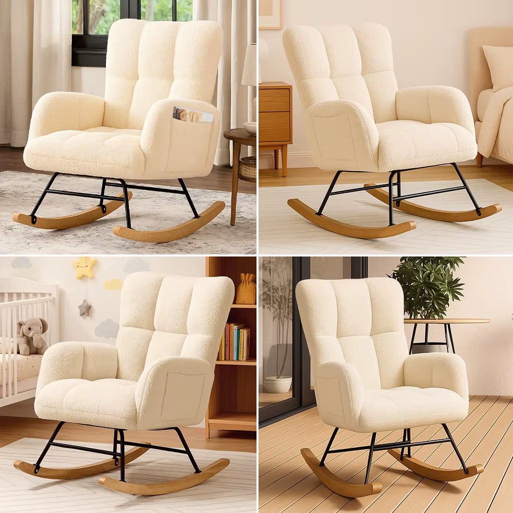 COMHOMA Teddy Glider Rocking Chair with Side Pockets, High Back Design for Adults - Ideal for Bedroom and Living Room