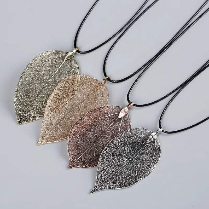 Unique Natural Real Leaf Choker Pendant Necklace for Women True Leaves Shape Filigree Vintage Necklace Jewelry Gift