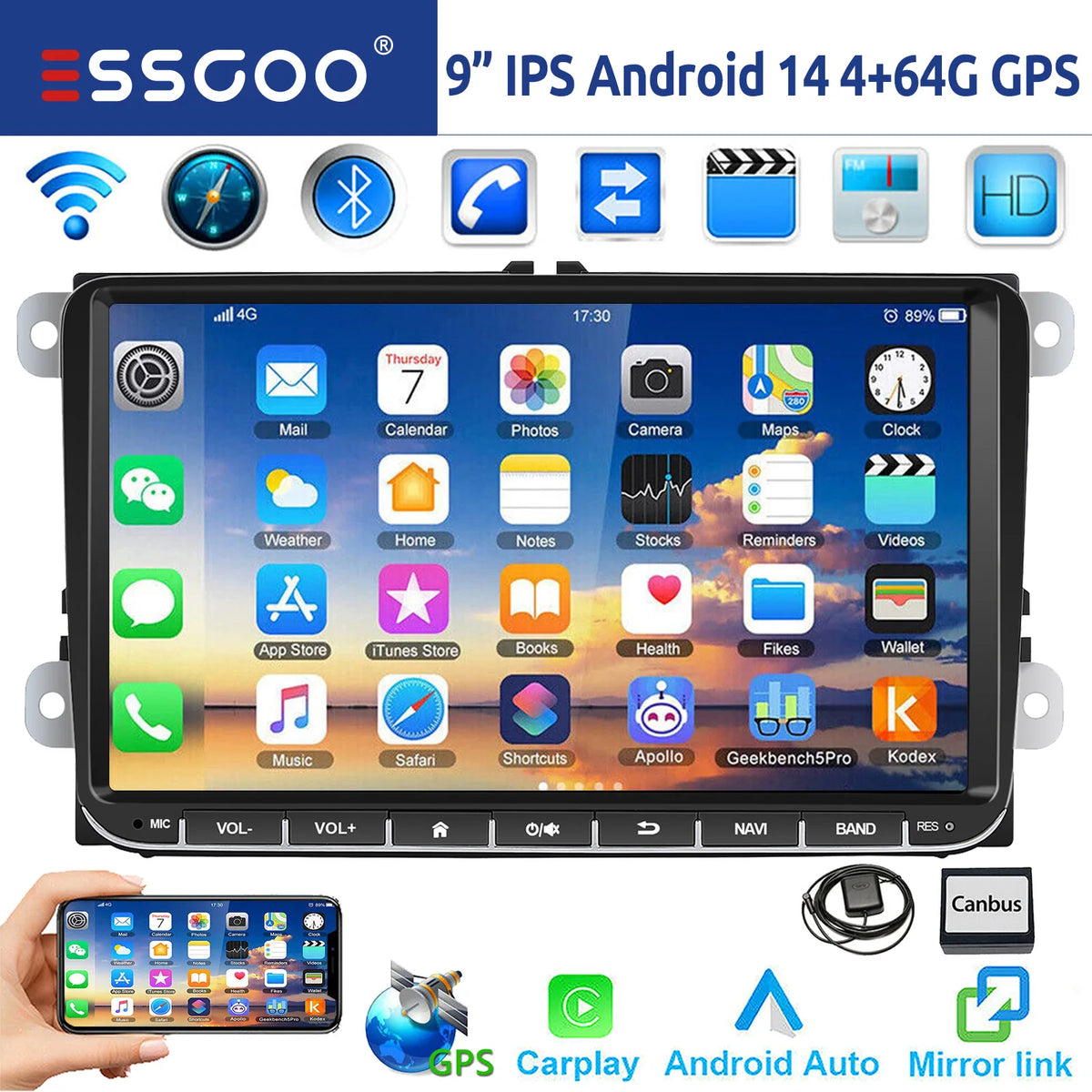 9-Inch Android 14 Car Stereo with 4G+64G, Wireless CarPlay, GPS Navigation, WiFi, RDS FM, Bluetooth, and Equalizer for VW Golf 5/6, Passat, Polo, Touran, Tiguan, Caddy, and EOS
