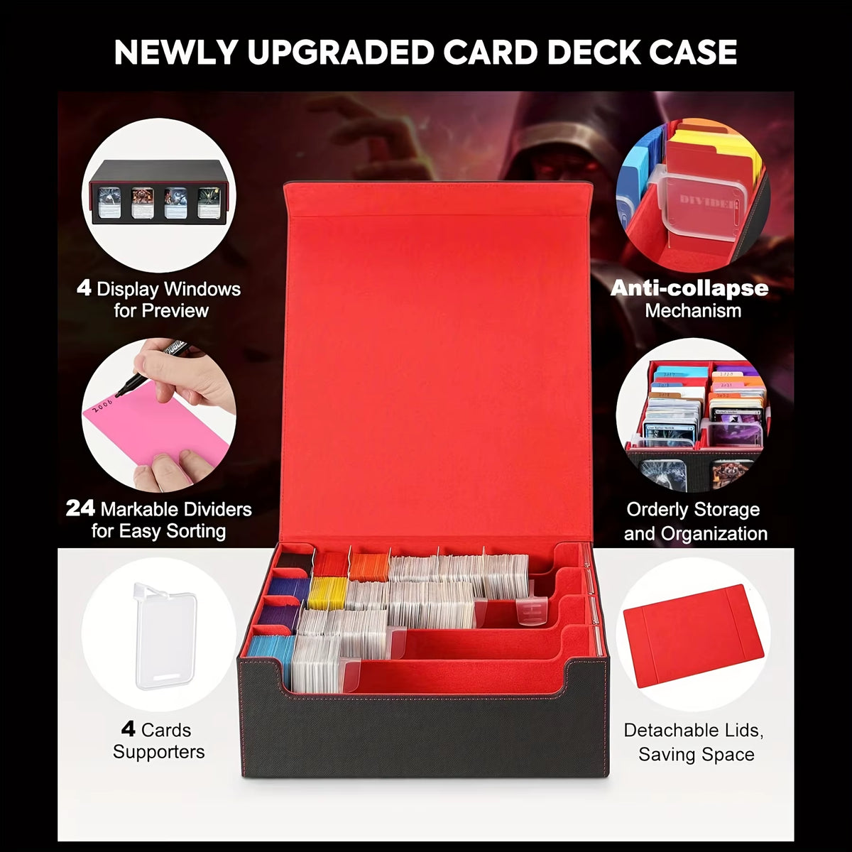 Professional Trading Card Storage Box with Display; 4-Row Deck Case Featuring Removable Lid; Accommodates Over 2400 Cards; Compatible with Magic TCG, PTCG, and Sports Cards