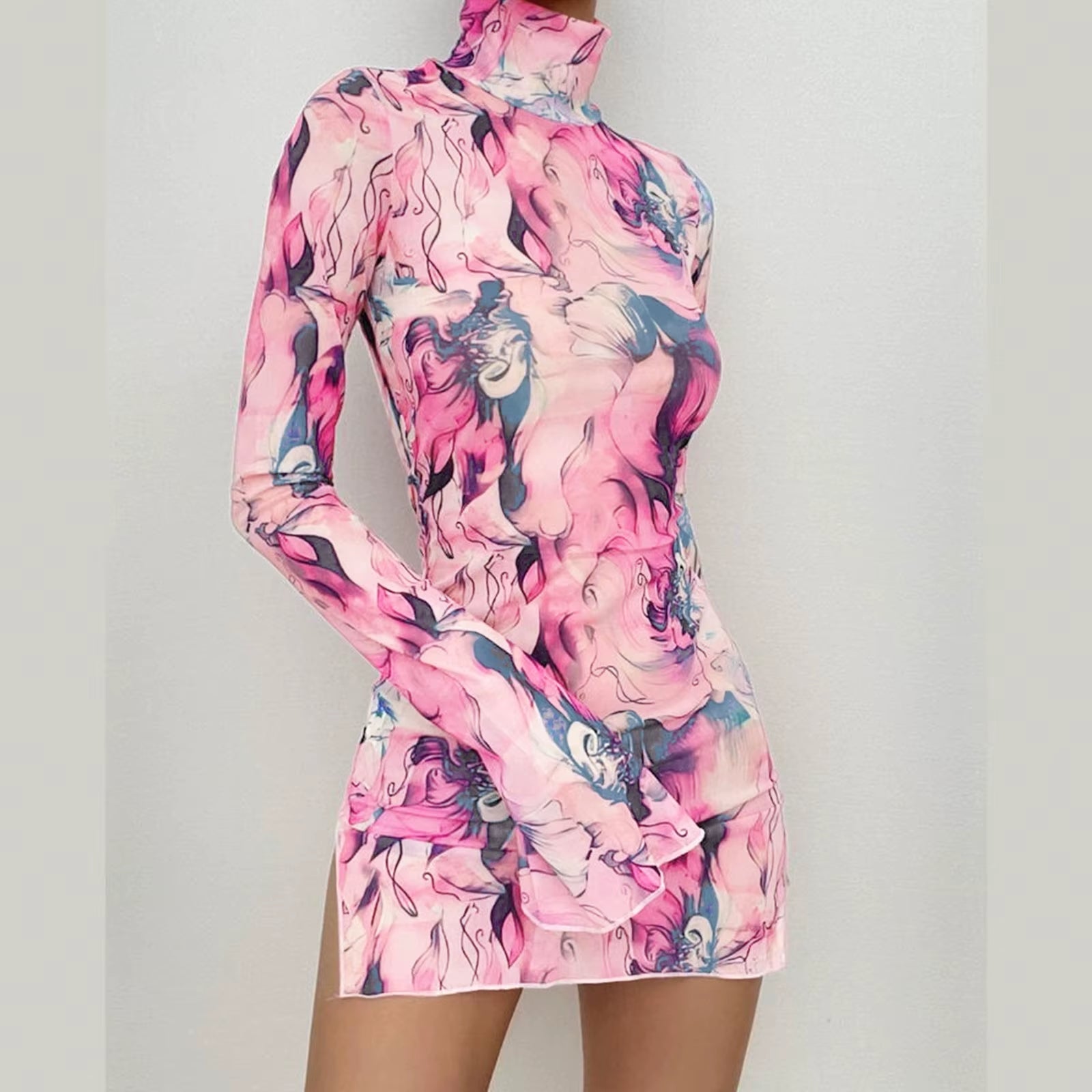Ladies Mesh Printed Y2K Vintage Dress High Street Slim Elastic Bodycon Party Dress round Neck Bell Sleeve Side Open Hip Dresses