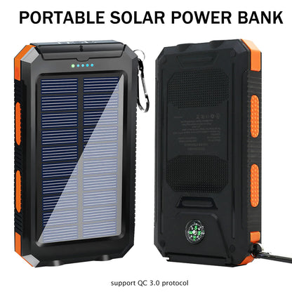 20000mAh Waterproof Solar Power Bank with Dual 5V USB Ports, LED Flashlight, and Compass for Outdoor Camping