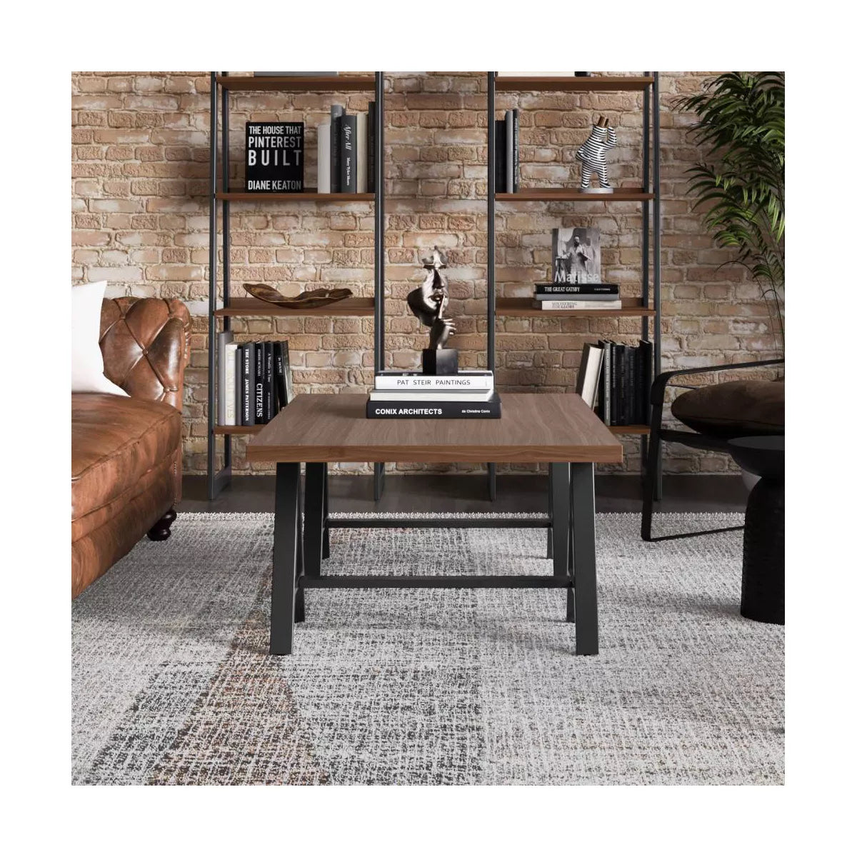 Hawkins Metal/Wood Coffee Table Walnut - Veneer & Metal Pedestal Base, Spot Clean