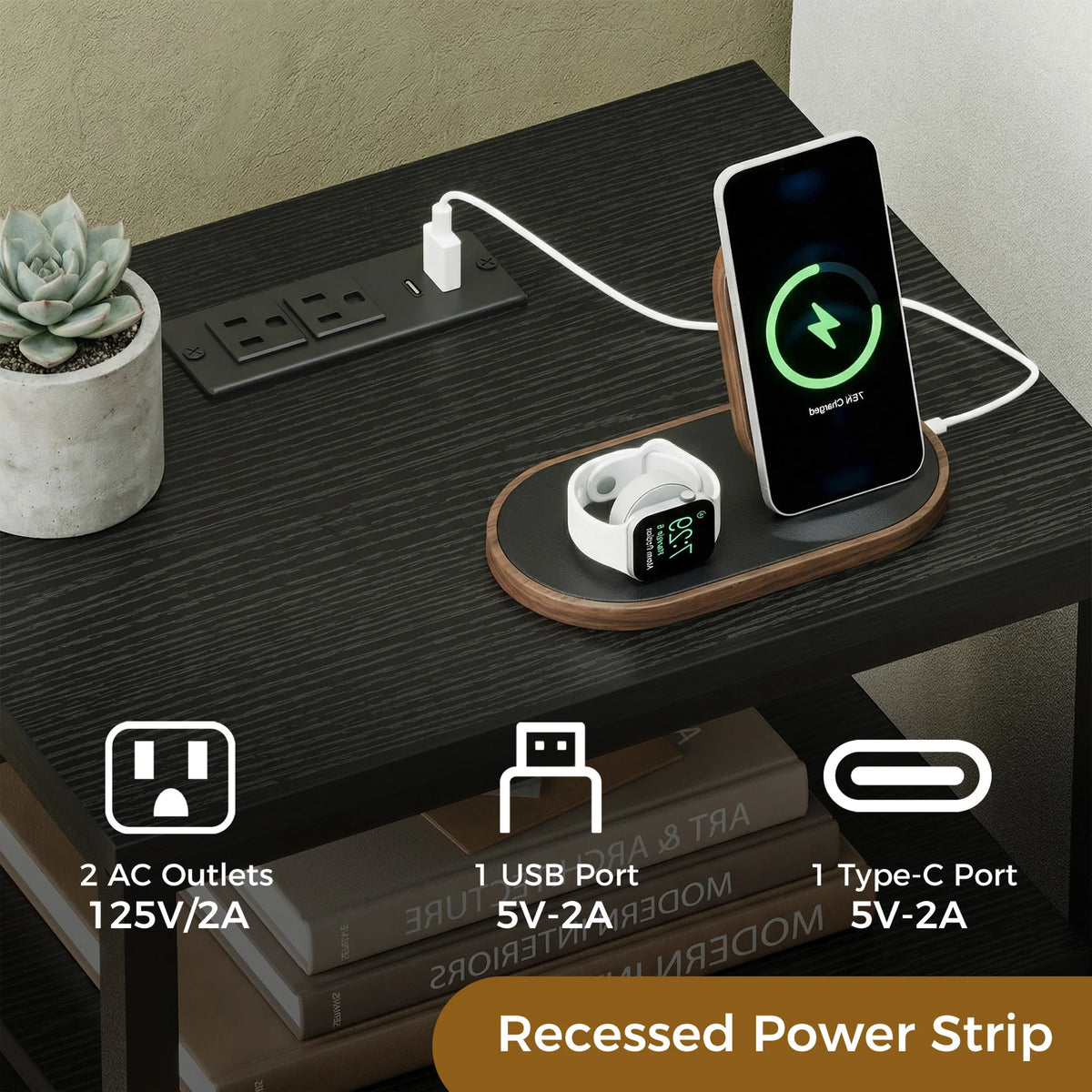 JHK 2-Drawer Fabric Nightstand with Open Shelf and USB Charging Station - Versatile Storage End Table for Living Room