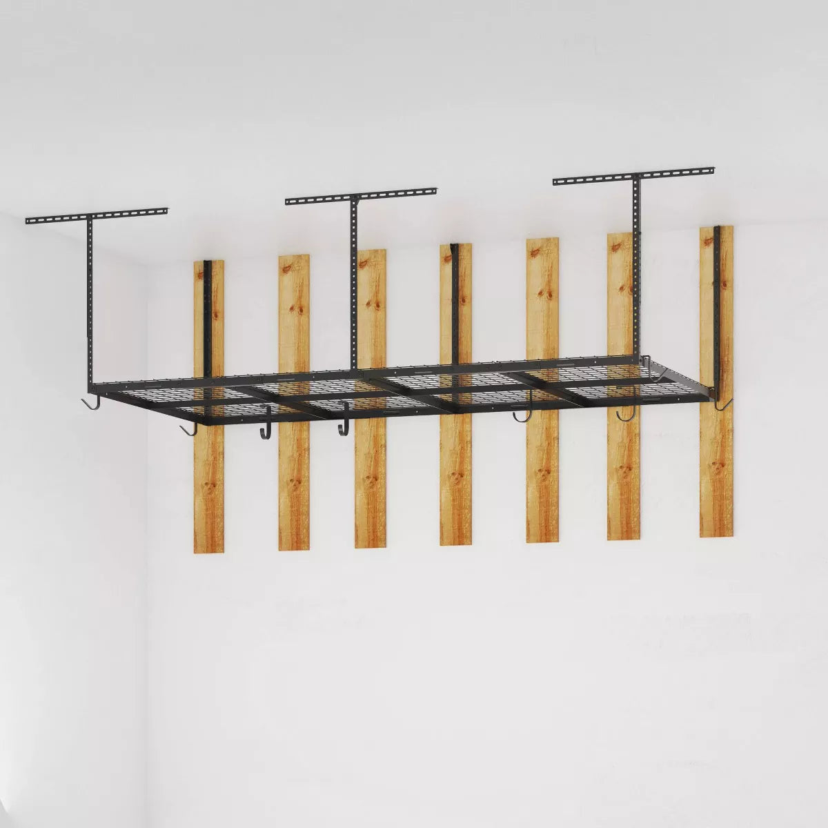 Adjustable Overhead Garage Storage Rack, 4' x 8', with 8 Accessory Hooks, Black Steel Utility Shelves
