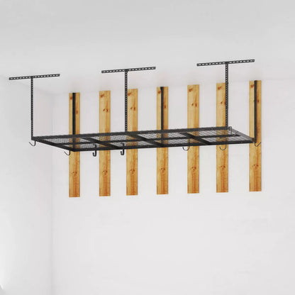 Adjustable Overhead Garage Storage Rack, 4' x 8', with 8 Accessory Hooks, Black Steel Utility Shelves