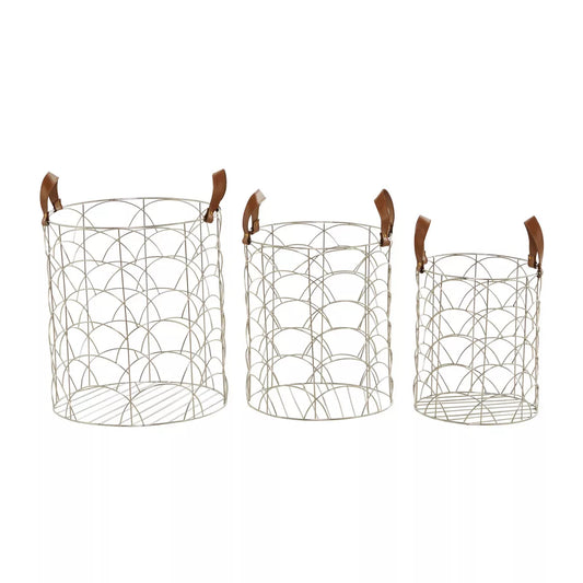 Set of 3 Silver Metal Storage Baskets - Luxury Round Decorative Organizers