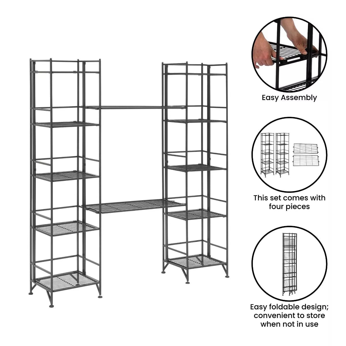 57.5" Extra Storage 5 Tier Folding Metal Shelves with Set of 2 Extension Shelves 