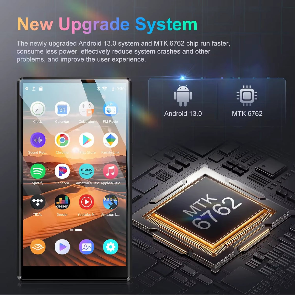 1080P Android 13.0 MP3 Player, 4.7-Inch Display, 32GB/96GB Storage, Bluetooth and Wi-Fi Connectivity, Expandable up to 1TB