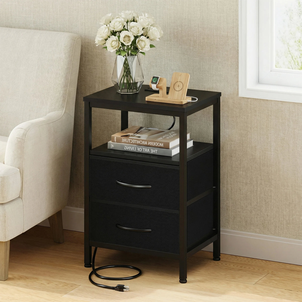 JHK 2-Drawer Fabric Nightstand with Open Shelf and USB Charging Station - Versatile Storage End Table for Living Room