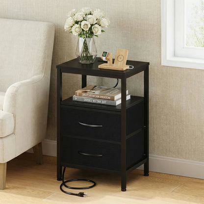 JHK 2-Drawer Fabric Nightstand with Open Shelf and USB Charging Station - Versatile Storage End Table for Living Room