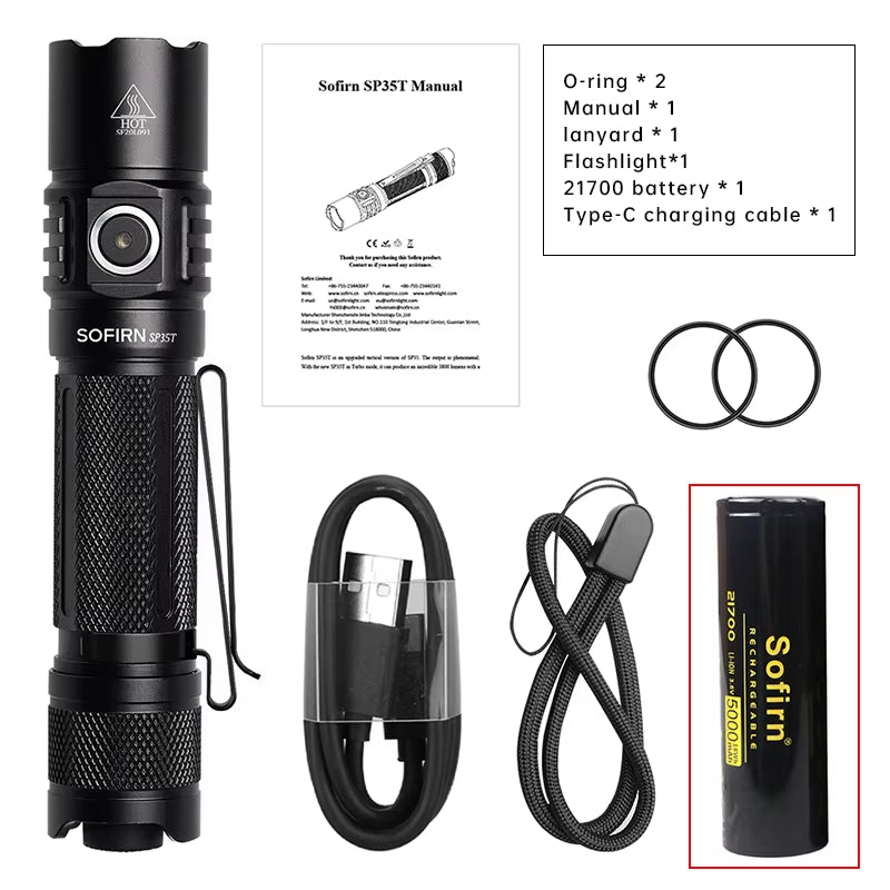 SP35T 3800Lm Tactical 21700 Flashlight Powerful LED Light USB C Rechargeable Torch with Dual Switch Power Indicator ATR