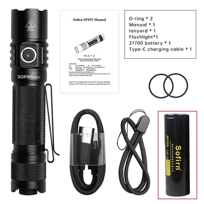 SP35T 3800Lm Tactical 21700 Flashlight Powerful LED Light USB C Rechargeable Torch with Dual Switch Power Indicator ATR