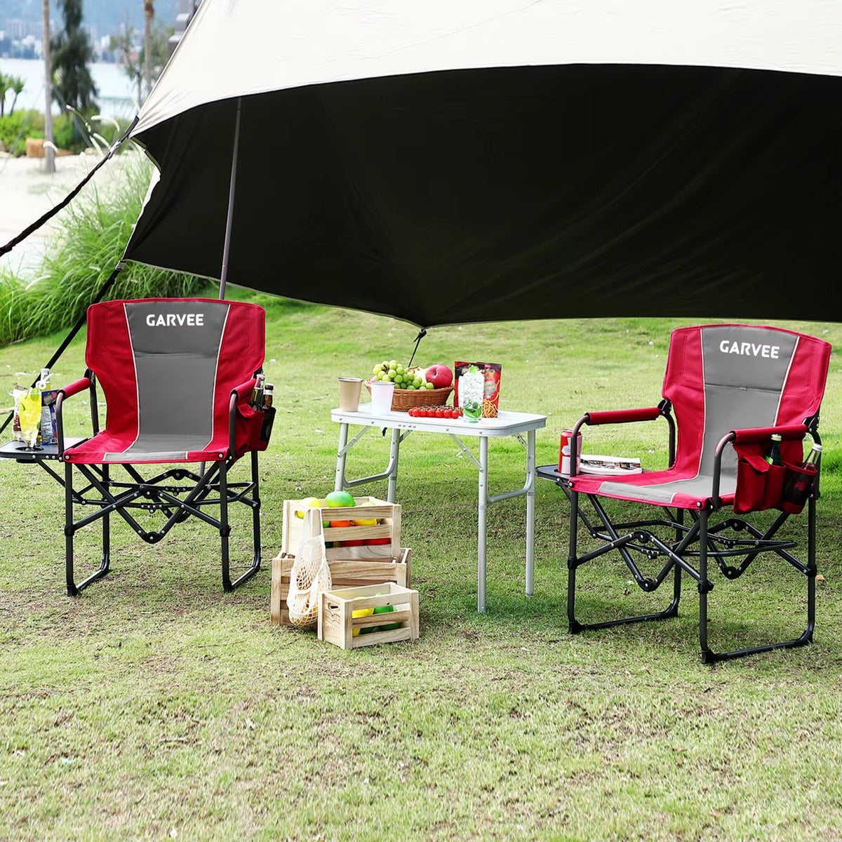 Oversized Heavy-Duty Folding Directors Chair for Adults - Available in 1 or 2 Pack, 400 lbs Capacity, Portable Camping Chair with Side Table, Cup Holder, and Side Pocket for Camping, Beach, Garden, and RV Use