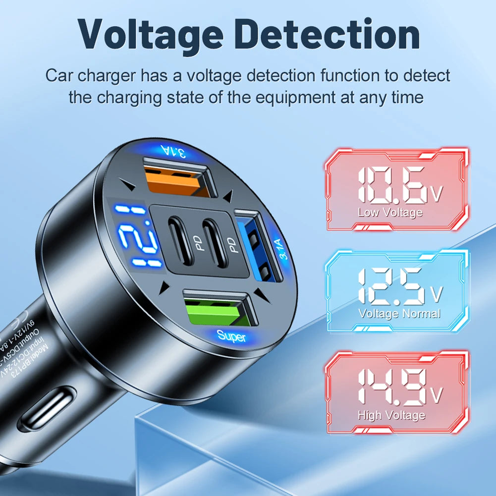 100W 5-Port Car Charger with Voltage Regulation - 12V-24V Cigarette Lighter Plug Adapter for Compatibility with Most Vehicle Models
