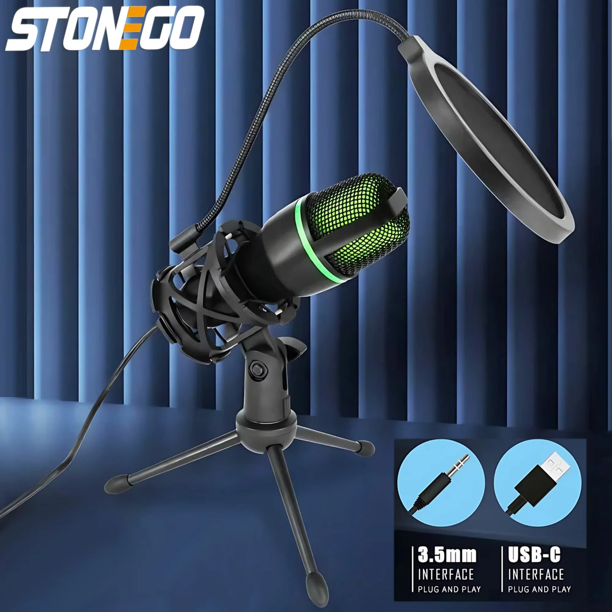 Premium USB Condenser Microphone Kit with Tripod Stand and RGB Lighting for Gaming, Streaming, and Content Creation on PC, Laptop, and Mac - Features Mute Button and Built-in Voice Changer