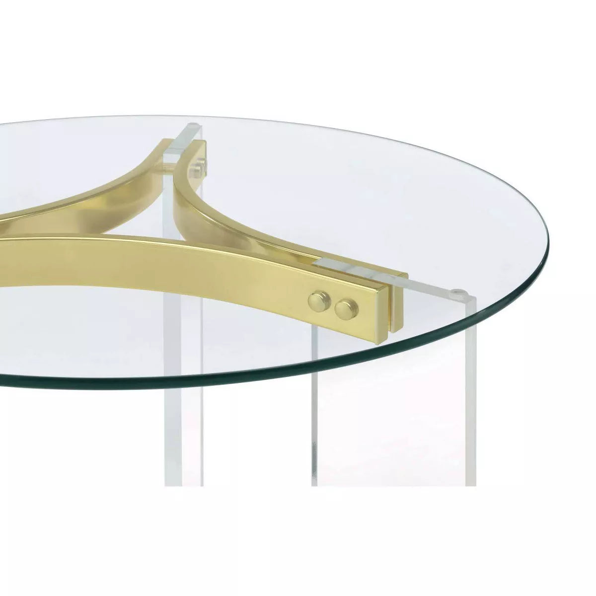 Janessa Contemporary Round Glass Top End Table with Clear Acrylic Legs and Brass Accents