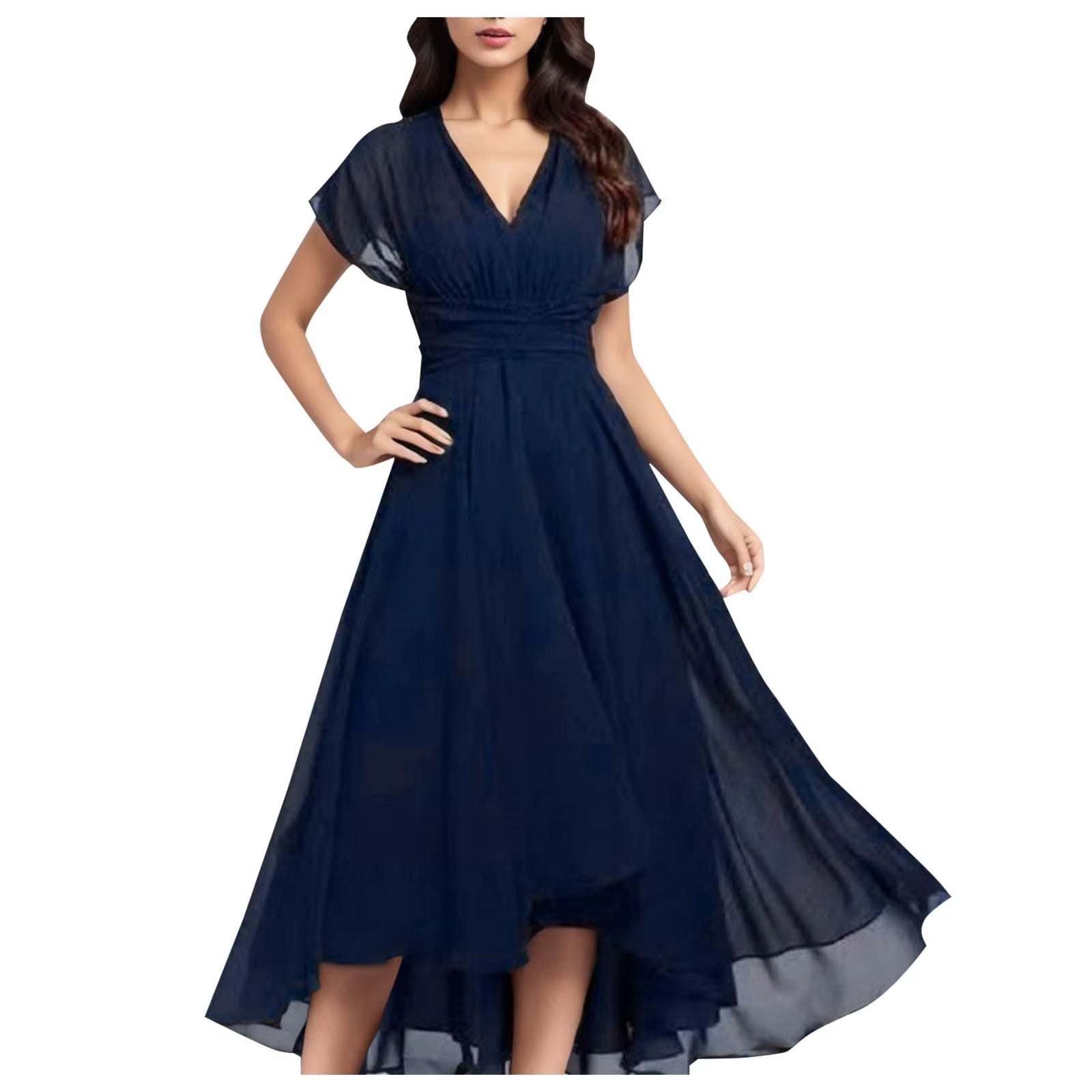 Womens Dresses Wedding Party Bridesmaid Elegant V Neck Chiffon Dress Slim High Waist Flutter Sheer Mesh Sleeve Long Dresses
