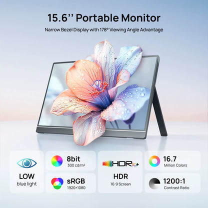 15.6 Inch Portable Monitor FHD 1080P IPS USB-C Mini-Hdmi External Second Screen for Mac Laptop PC Switch Xbox PS4/5 Xbox