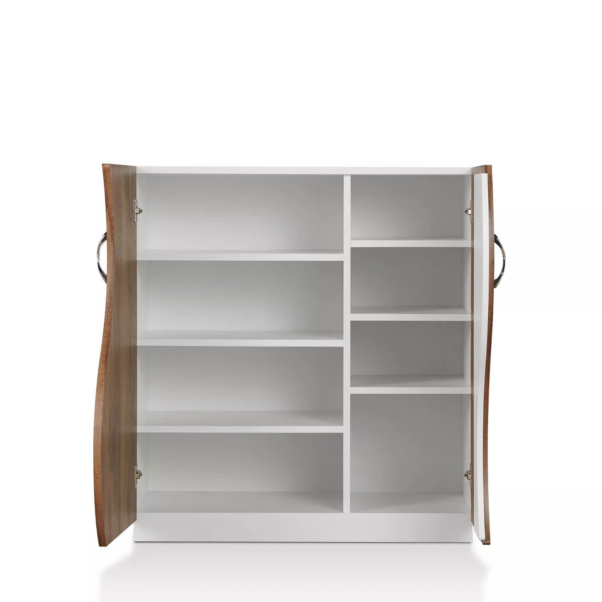 Contemporary 8 Shelf Shoe Cabinet White/Distressed Walnut: Adjustable, Freestanding Storage, Particle Board Construction