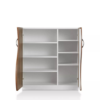 Contemporary 8 Shelf Shoe Cabinet White/Distressed Walnut: Adjustable, Freestanding Storage, Particle Board Construction