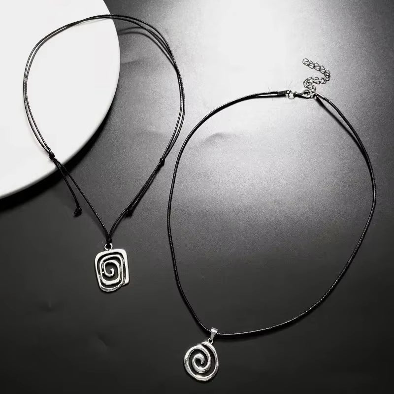 Vintage Spiral Vortex Pendant Necklace with Hand-Woven Leather Rope for Women - Bohemian Goth Fashion Jewelry 2026 Y2K Collection
