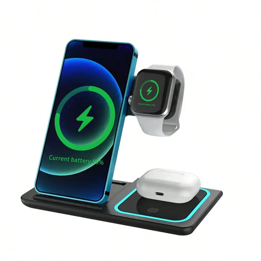 3-in-1 Wireless Charging Station with Mobile Phone Holder and LED Indicator for iPhone 17/16/15/14/13/12 Pro Max, Apple Watch Series 10/9/8/7/6/5, and AirPods 3/2 - Fast Charging Dock